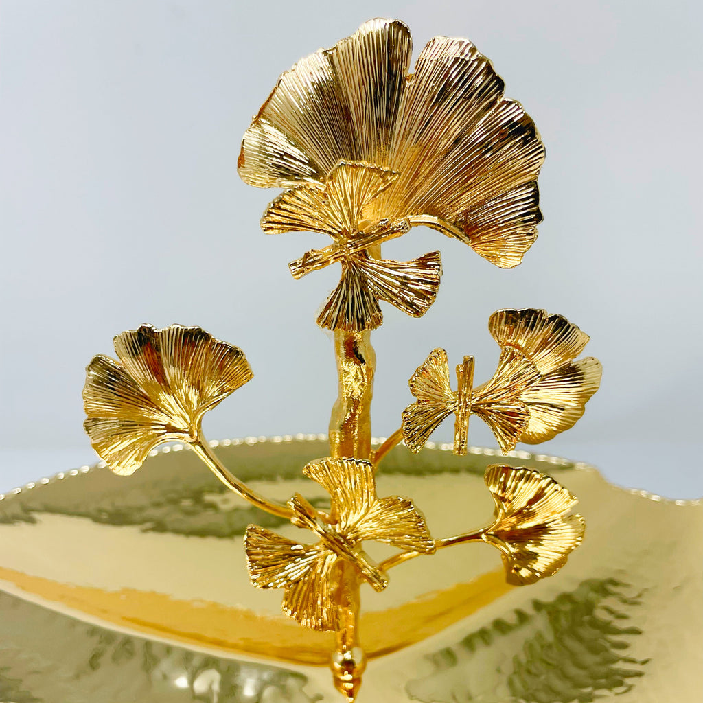 THREE-SECTION GOLD TONE SNACK PLATE ON STAND, BUTTERFLY COLLECTION