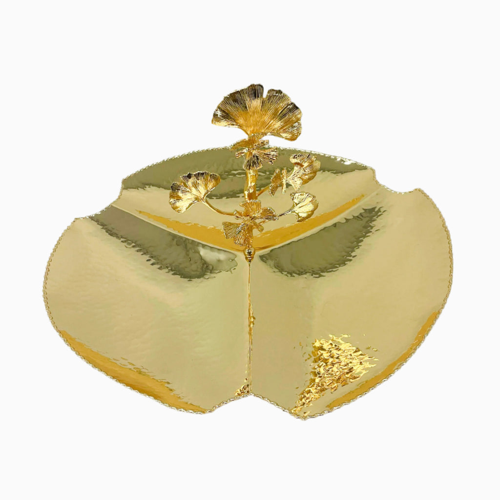 THREE-SECTION GOLD TONE SNACK PLATE ON STAND, BUTTERFLY COLLECTION