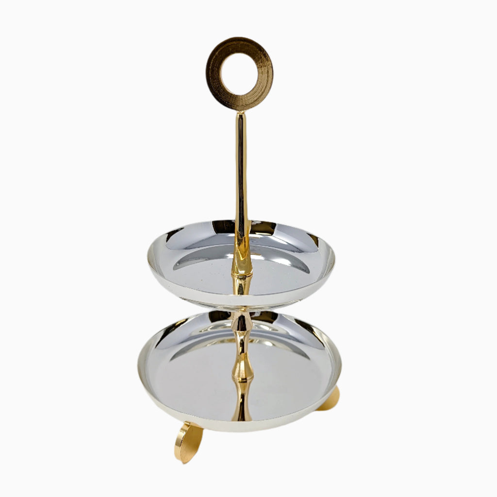 TWO TIERED SILVER SERVING DISH WITH GOLD STEM