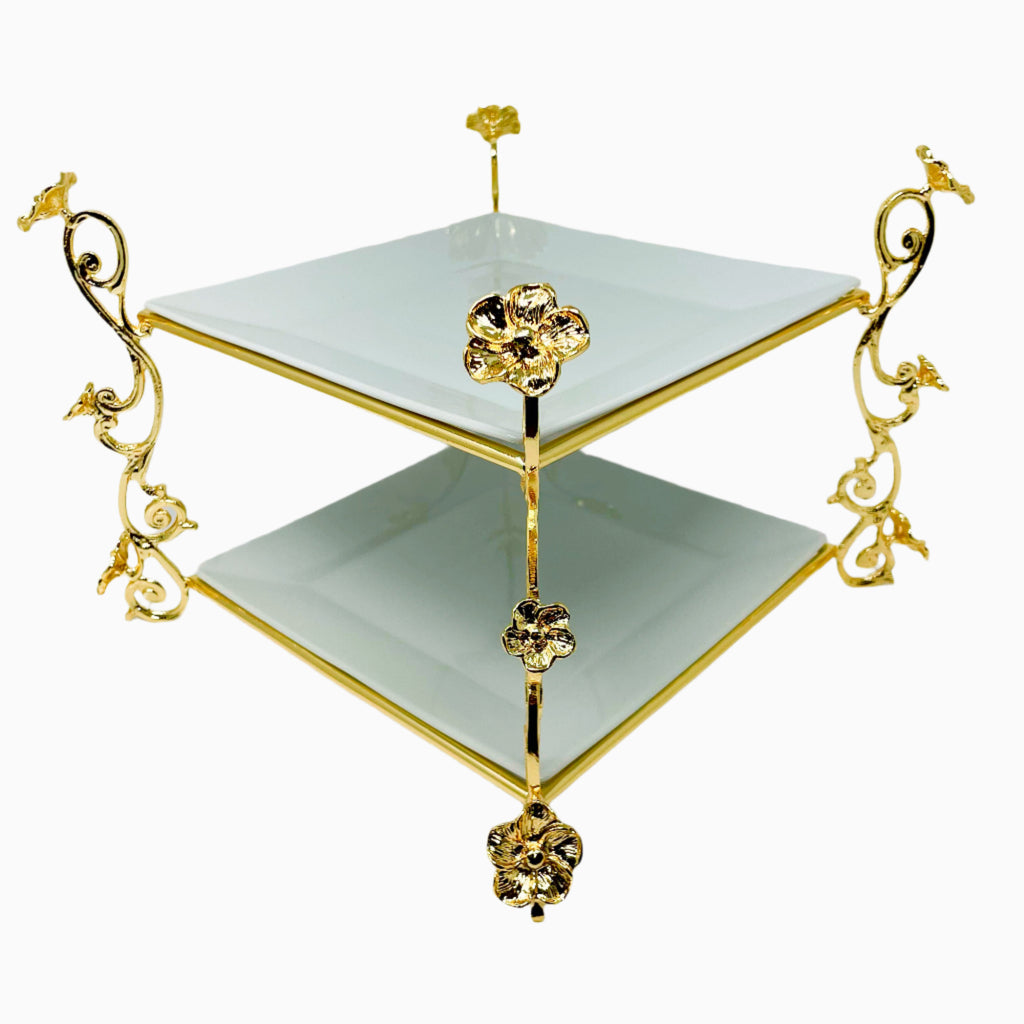 TWO TIER WHITE DESSERT PLATE ON GOLDEN TONE STAND