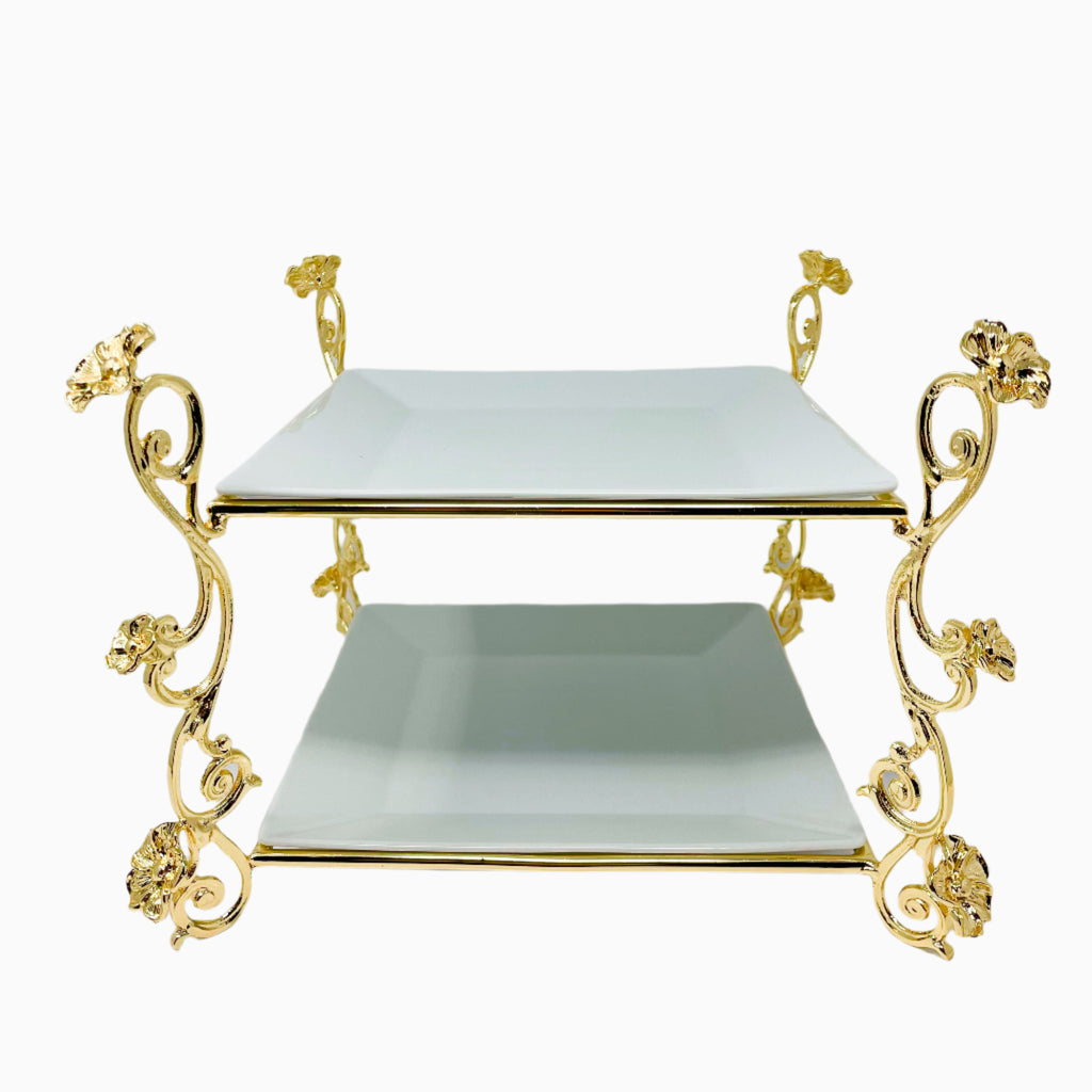 TWO TIER WHITE DESSERT PLATE ON GOLDEN TONE STAND