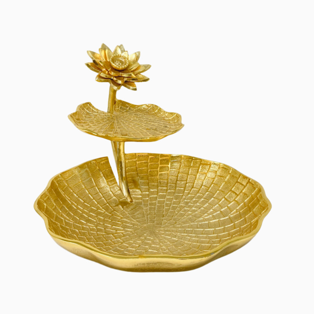 TWO TIRED GOLDEN SNACK BOWL WITH AQUATIC FLOWER HANDLE