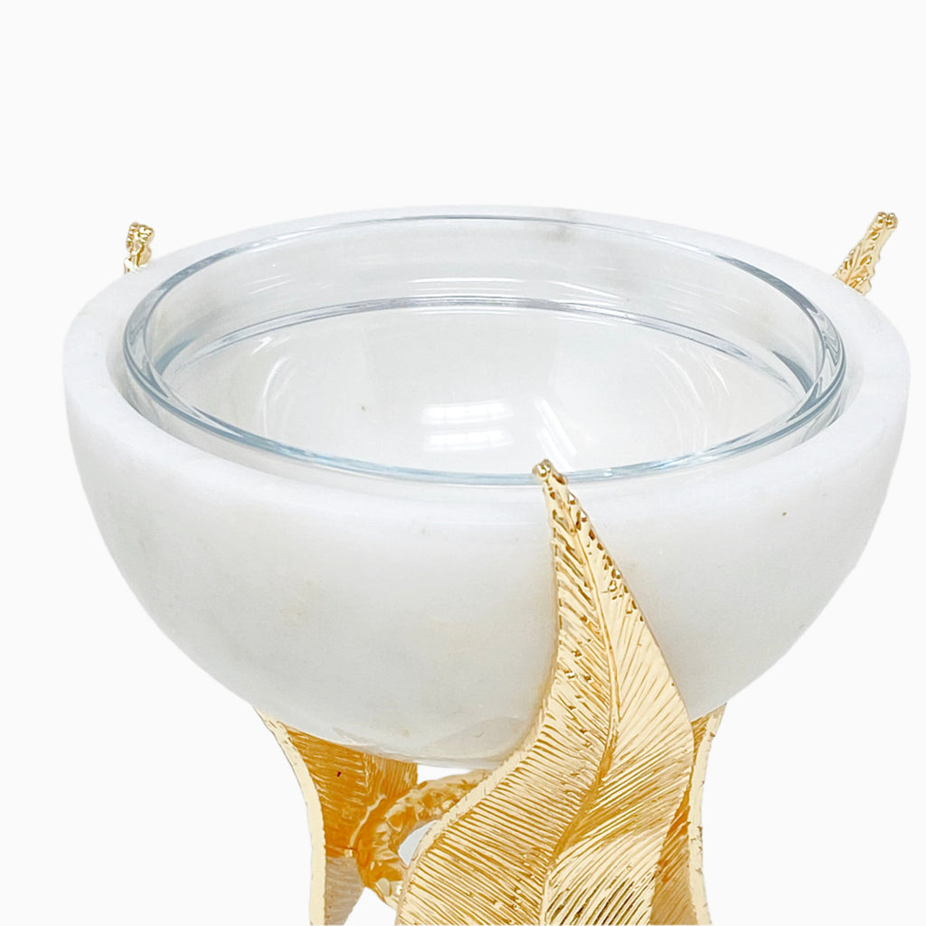 WHITE MARBLE SNACK BOWL ON GOLDEN TONE STAND,FLAT LEAF - Noble Home Gifts 
