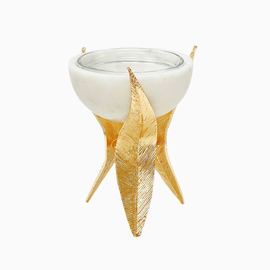 WHITE MARBLE SNACK BOWL ON GOLDEN TONE STAND,FLAT LEAF - Noble Home Gifts 